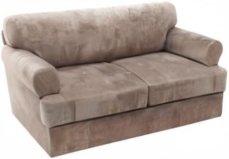 H.VERSAILTEX Sofa Cover 3 Piece T Cushion Loveseat Slipcovers Thick Velvet Couch Cover Furniture Protector Stretch T Cushion Sofa Covers for 2 Cushion Couch with 2 T Cushion Covers Washable, Taupe