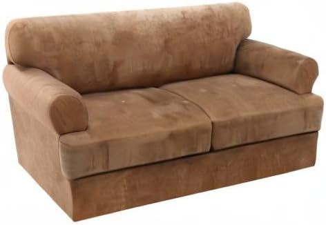 H.VERSAILTEX Sofa Cover 3 Piece T Cushion Loveseat Slipcovers Thick Velvet Couch Cover Furniture Protector Stretch T Cushion Sofa Covers for 2 Cushion Couch with 2 Individual T Cushion Covers, Camel