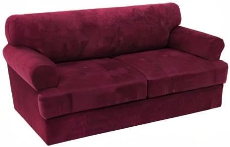 H.VERSAILTEX Sofa Cover 3 Piece T Cushion Sofa Slipcovers Thick Velvet Couch Cover Furniture Protector Stretch T Cushion Sofa Covers for 2 Cushion Couch with 2 Individual T Cushion Covers, Burgundy