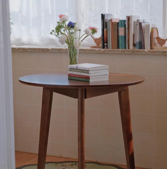 24" Round 3 Legs Casual Dining Table, Walnut Brown Rubberwood Coffee Table End Table Modern Leisure Table Small Dining Room Kitchen Furniture for Small Space