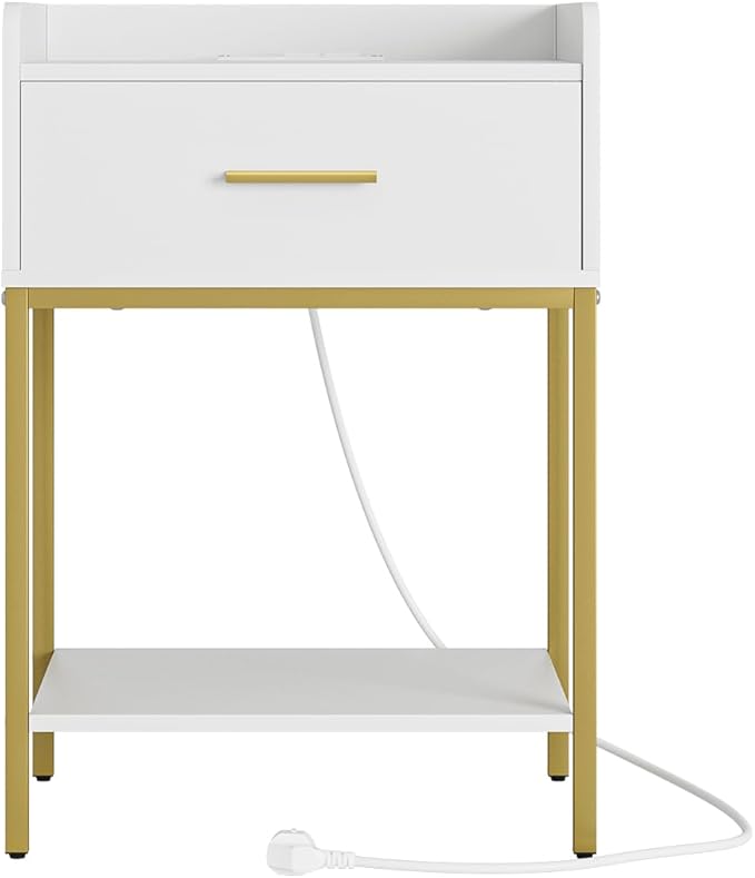 Nightstand with Charging Station,3-Tier Bedside Table for Small Space,Modern Night Stand with Storage Drawer and Shelf,Small Side Table for Bedroom,Living Room,White