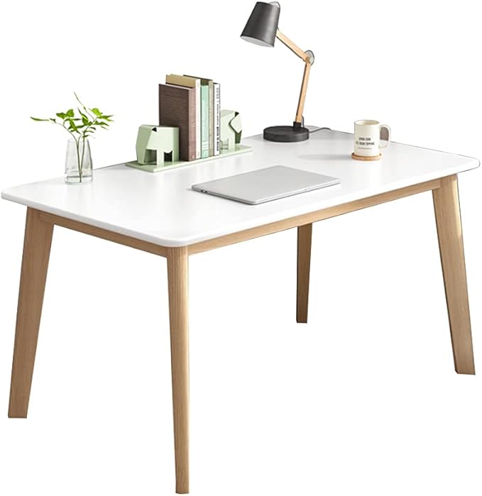 IOTXY Simple Wooden Writing Desk - Modern Minimalist Style PC Laptop Computer Workbench with Solid Wood Legs, 39" W Home Office Work Table for TV Stand Music Video Live Broadcast Workstation, White