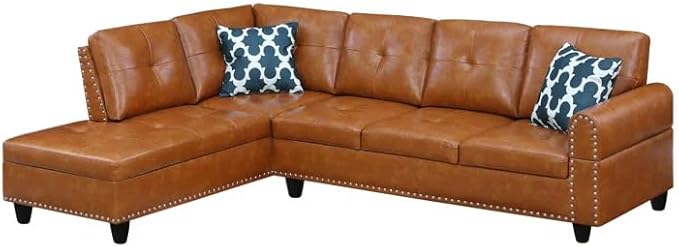 Ball & Cast 98" L Shaped Sectional Couch for Living Room with Chaise & Nailhead Trim,4 Seat Faux Leather Upholstered Modular Sectional Sofa Set 2 PCS W/Cup Holder & Coffee Table,for Home,Office,Ginger