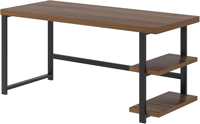 FOLUBAN Modern Computer Desk for Home Office, Large Writing Table with Storage Shelves, Wood and Metal Study Gaming Desk Workstation for Living Room, Rustic Walnut, 60 Inch