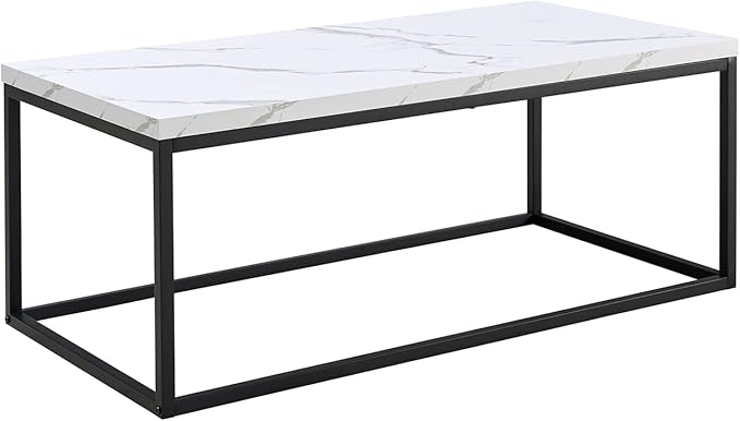 CENSI 40-Inch Marble Accent Coffee Table Ottoman for Living Room, Rectangle, Mid-Century Modern Industrial Style, Extra Thick Top, Wood and Metal (White Marble)