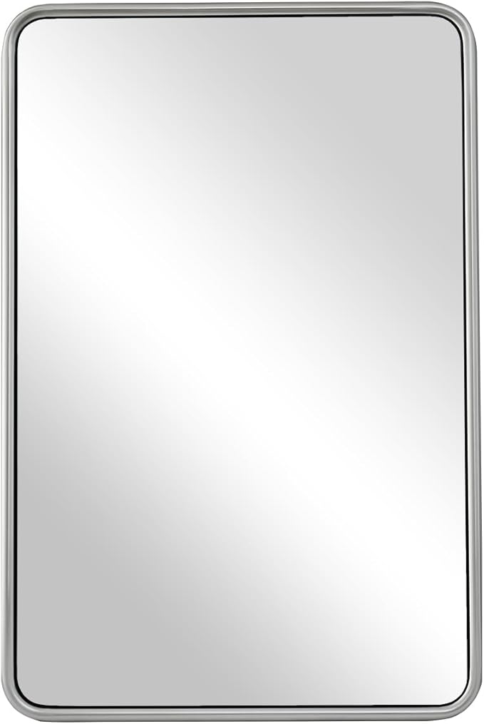 ANDY STAR 24x36 Brushed Nickel Bathroom Mirror, Stainless Steel Metal Frame with Rounded Corner Rectangle Bathroom Mirror for Over Sink, Modern Silver Mirror for Bathroom, Power Room, Living Room