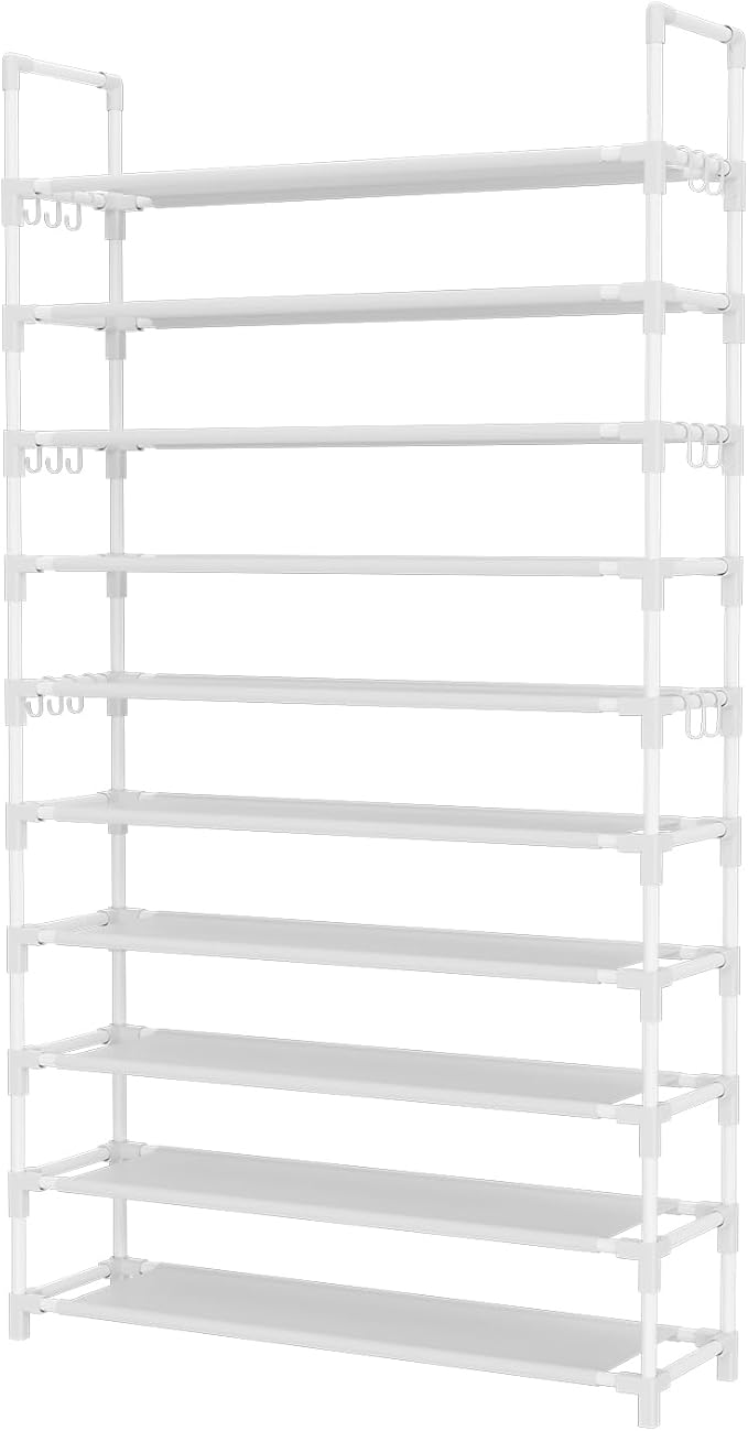 Tall Shoe Rack 10 Tier Shoe Organizer Large Shoe Shelf with 18 Hooks Storage for 50 Pair Sneaker and Boot, Stackable Vertical Shoe Rack Organizer for Closet, Entryway, Bedroom, White