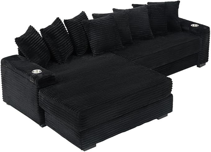KEIKI 114" Corduroy Sofa with Cup Holders & Storage, L Shaped Sleeper Cloud Couch Set w/Reversible Chaise Lounge, Living Room Oversized Upholstered SofaBed for Apartment, Easy Assembly, Black