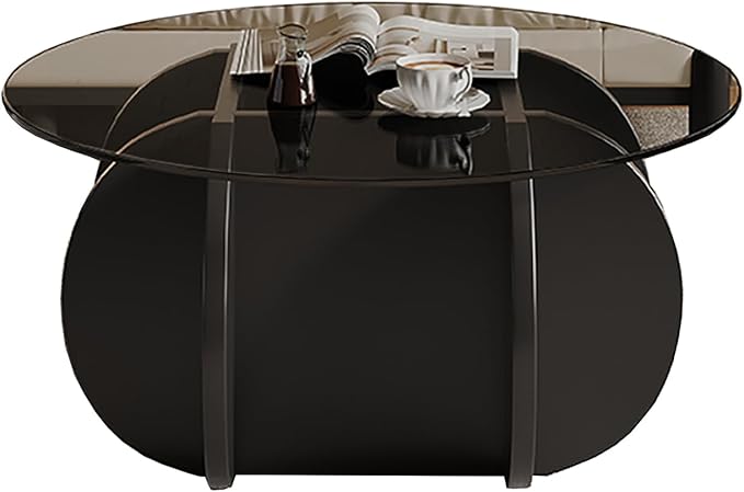 Mid Century Modern Round Glass Coffee Table for Living Room, Black Small Coffee Table for Center, Suitable for Bedroom Living Room Reception Office Tables (Black/Grey)
