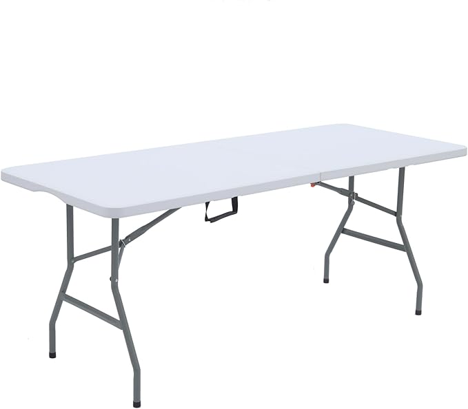 Folding Table 6ft Plastic Folding Table Indoor & Outdoor for Picnic, Camping,BBQ and Party, with Powder Coated Steel Legs and Built in Carry Handle, White
