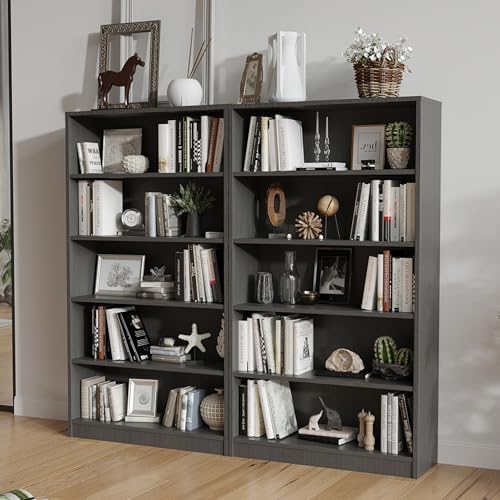 Bookshelf, 5 Wooden Book Shelf Bookcase with Freestanding Display Storage, Open Modern Bookshelf for Bedroom, Living Room, Dinning Room, Office, 60 Inch, Deep Gray