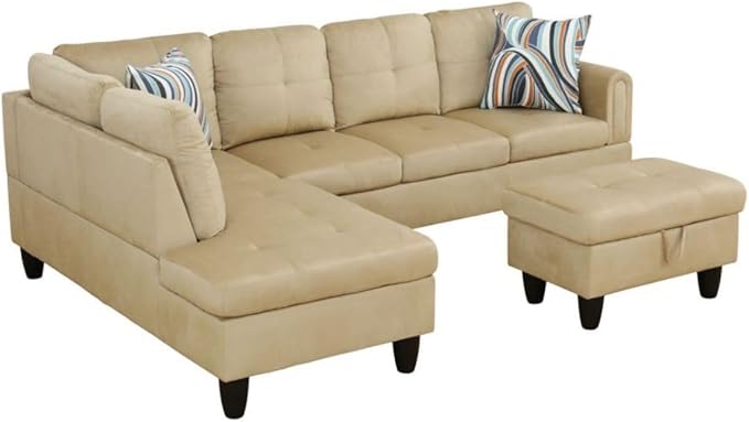 Beige L-Shaped 3-Piece Flannel Sofa with Storage Ottoman Set, Sectional Couch Sofa Set for Living Room, Office, Small Space