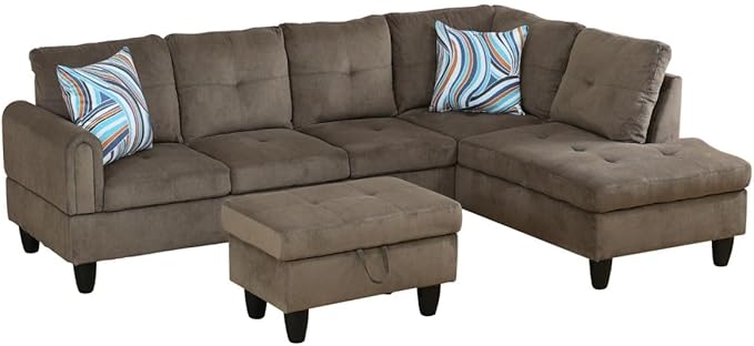 Brown L-Shaped 3-Piece Corduroy Sofa with Storage Ottoman Set, Sectional Couch Sofa Set for Living Room, Office, Small Space