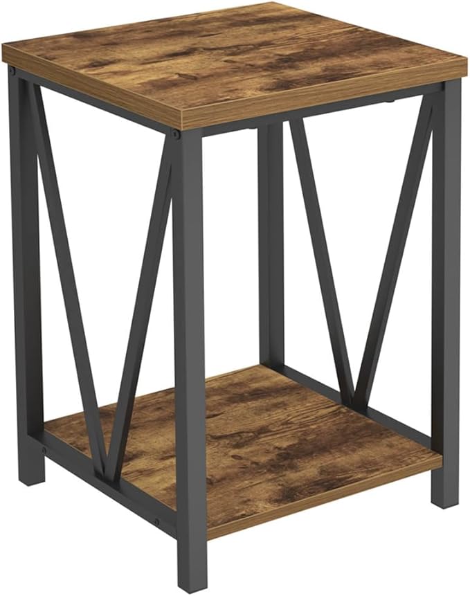 EXCEFUR End Table, Square Side Tables for Living Room, Industrial Metal and Wood Nightstand for Bedroom, Rustic Brown