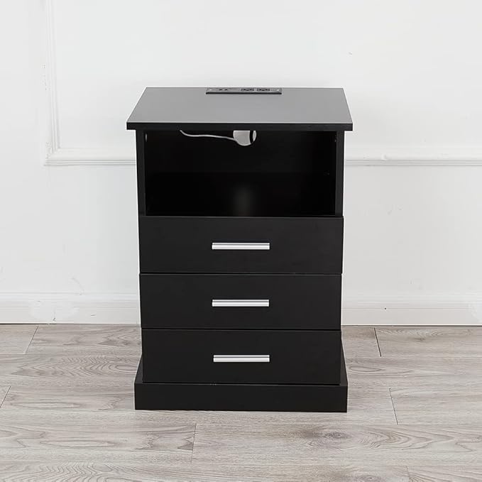 Black LED Nightstand with Charging Station, Side Table with 3 Drawers and Light, End Table with Open Storage, Beside Cabinet for Bedroom (Black)