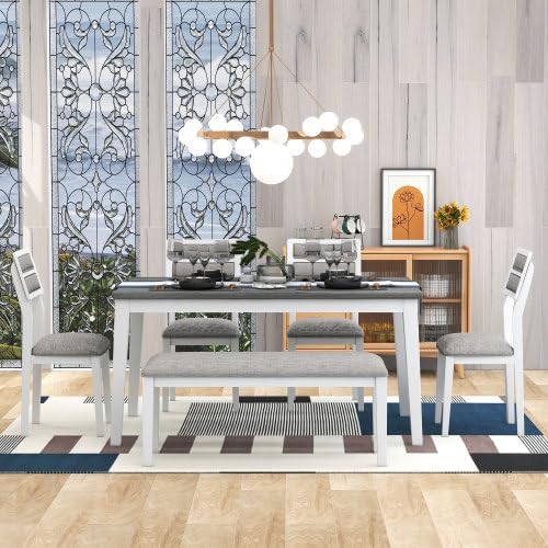 SogesHome Classic 6-Piece Dining Table Set, Rectangular Wooden Kitchen Table with Upholstered Chairs & Bench for Dining Room, Traditional Retro Farmhouse Dining Table for Kitchen, White+Grey