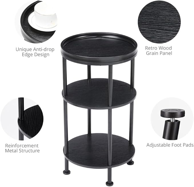 Small Round Side Table for Small Spaces, 3-Tier Round Accent Table Slim Side Table, Modern Sofa Corner Table for Living Room Nightstand Bedroom (Black)