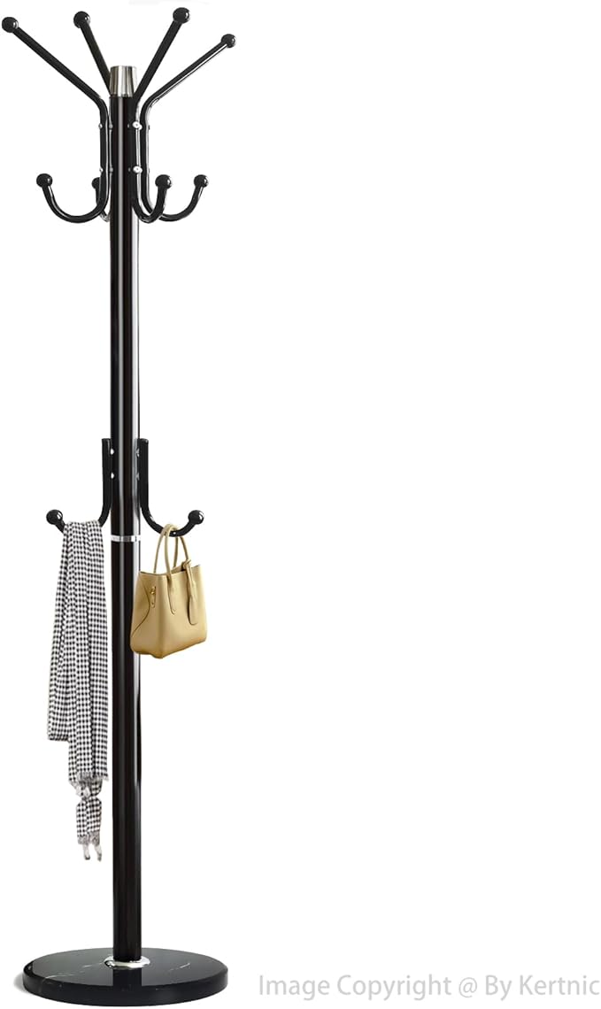 Kertnic Modern Coat Rack Freestanding with Natural Marble Base & Sturdy Metal Frame, 11 Hooks Hall Tree for Jackets, Hats, Bags, Entryway Organizer for Bedroom, Living Room, Closet (Black)