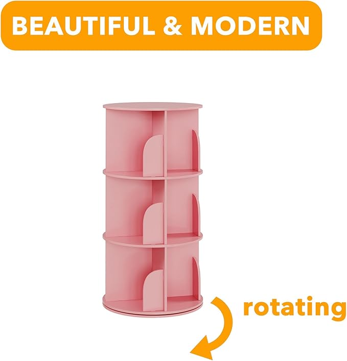 SpaceAid 3 Tier Rotating Bookshelf Tower, Spinning Bookcase Lazy Susan, Revolving 360 Book Shelf Storage Round Carousel, Vertical Rotate Turning Spiral Corner Organizer, Pink