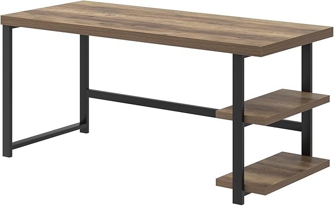 FOLUBAN 60 Inch Home Office Desk, Large Computer Desk with Storage Shelves, Modern Wood and Metal Writing Study Gaming Table Workstation for Living Room, Rustic Oak