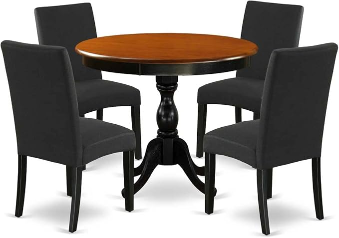 East West Furniture AMDA5-BCH-C 5 Piece Dining Room Table Set Includes a Round Kitchen Table with Pedestal and 4 Linen Fabric Upholstered Dining Chairs, 36x36 Inch, Black & Cherry