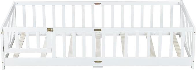 Twin Floor Bed with Slats and Center Support Bar, Wood Montessori Floor Bed with Fence and Door, Kids Montessori Bed Twin Size, Twin Size Montessori Floor Bed for Kids, Girls, Boys(Twin White)