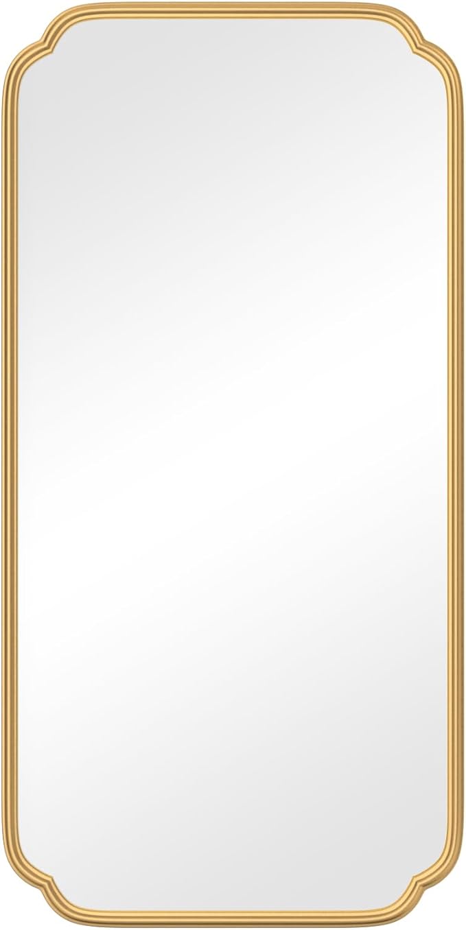 Gold Wall Mirror 48 x 24 Inch Bathroom Vanity Mirror for Over Sink Modern Rounded Corner Rectangle Wall Mirror Decorative with Non-Rusting Iron Metal Framed (Horizontal/Vertical)