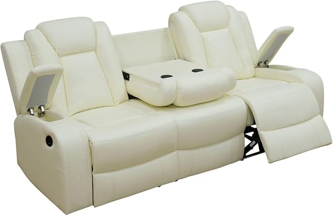 Electric Power Recliner Sofa Living Room Furniture, Comfy Home Theater Breathing Leather Seating with USB 2.0 Charging Ports, LED Light Strips, Fold-Down Table & Wireless Charging Device (White)