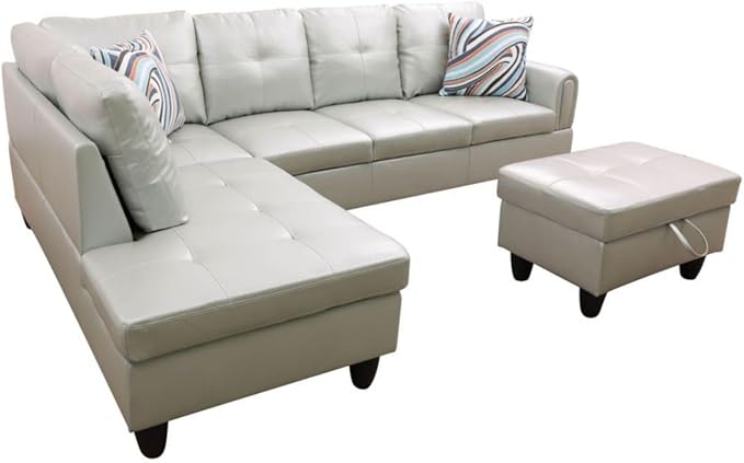 Silver Green L-Shaped 3-Piece Faux Leather Sofa with Storage Ottoman Set, Sectional Couch Sofa Set for Living Room, Office, Small Space