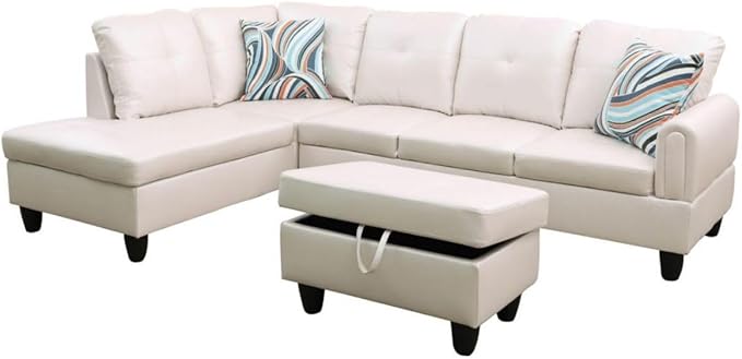 Pearl White L-Shaped 3-Piece Faux Leather Sofa with Storage Ottoman Set, Sectional Couch Sofa Set for Living Room, Office, Small Space