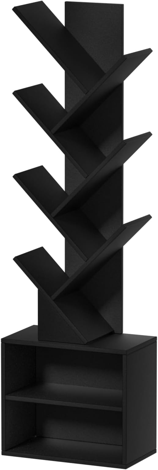 10 Tier Tree Bookshelf,Floor Standing Wood Tall Bookcase for Narrow Space, Storage Organizer Bookshelves for Books, Book Case for CDs/Movies/Books,Home Office,Living Room, Bedroom