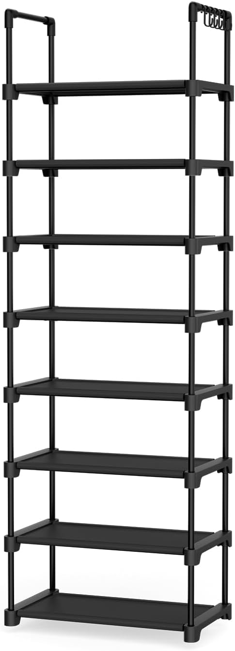Tall Shoe Rack 8 Tiers, 16-20 Pairs Shoe and Boots Organizer Storage Sturdy Shoe Shelf, Narrow Vertical Shoe Rack for Entryway, Closet, Metal Shoe Organizer with 5 Hooks