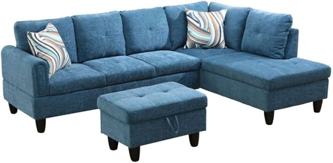 Blue L-Shaped 3-Piece Flannel Sofa with Storage Ottoman Set, Sectional Couch Sofa Set for Living Room, Office, Small Space
