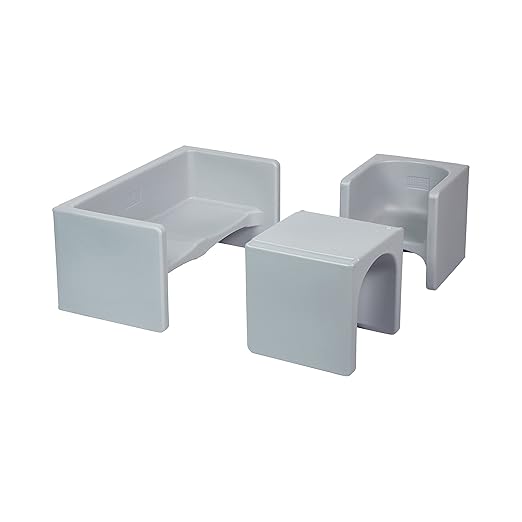 ECR4Kids Tri-Me Table and Cube Chair Set, Multipurpose Furniture, Light Grey, 3-Piece