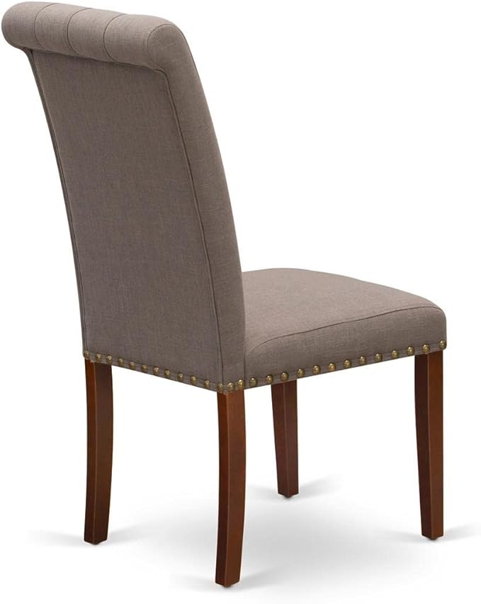 East West Furniture BRP3T18 Bremond Parson Kitchen Chairs - Button Tufted Nailhead Trim Brown Linen Linen Fabric Padded Dining Chairs, Set of 2, Mahogany