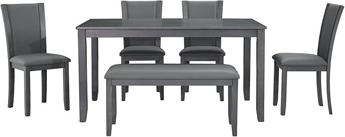 Ball & Cast 6 Piece Dining Table Set with 4 Upholstered Chairs & 1 Bench,Farmhouse Wooden Living Room Furniture for 6 W/ 58.5" Rectangle Kitchen Desk,for Restaurant,Home Bistro,Dining Room,Gray
