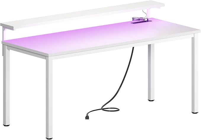 DlandHome Computer Desk 60” with LED Lights &Power Outlets, Writing Desk with Monitor Stand, Work Study Desk for Home Office, White