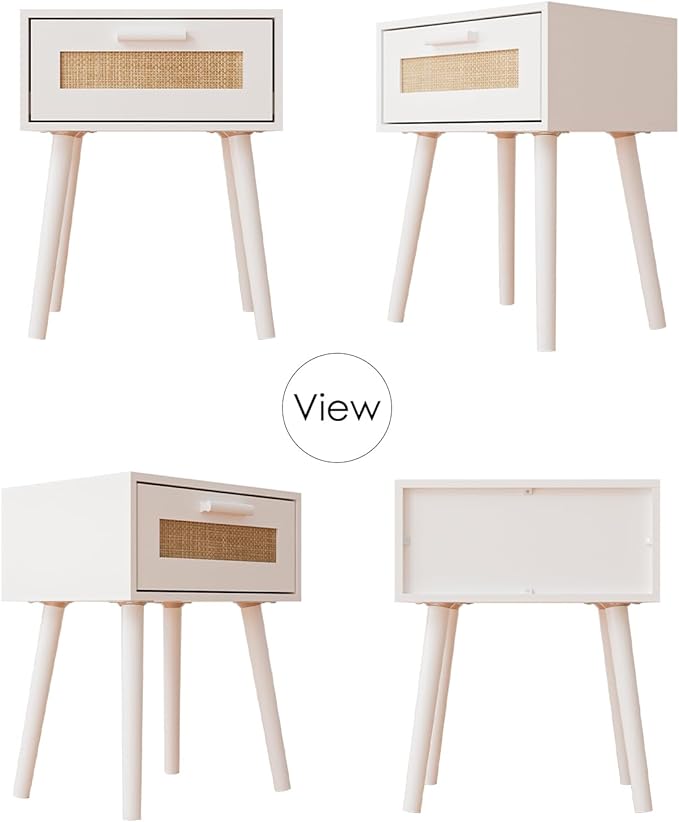 Bedroom Nightstands Wooden Night Stands with Rattan Weaving Drawer Home Bedside End Table for Bedroom Storage (Bohemian-White)