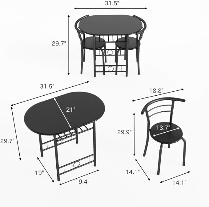 Shahoo 3-Piece Wooden Dining Table Set, Kitchen Breakfast Nook Sets with 2 Chairs & Round Tabletop, Space Saving Furniture Metal Frame and Built-in Wine Rack, Black