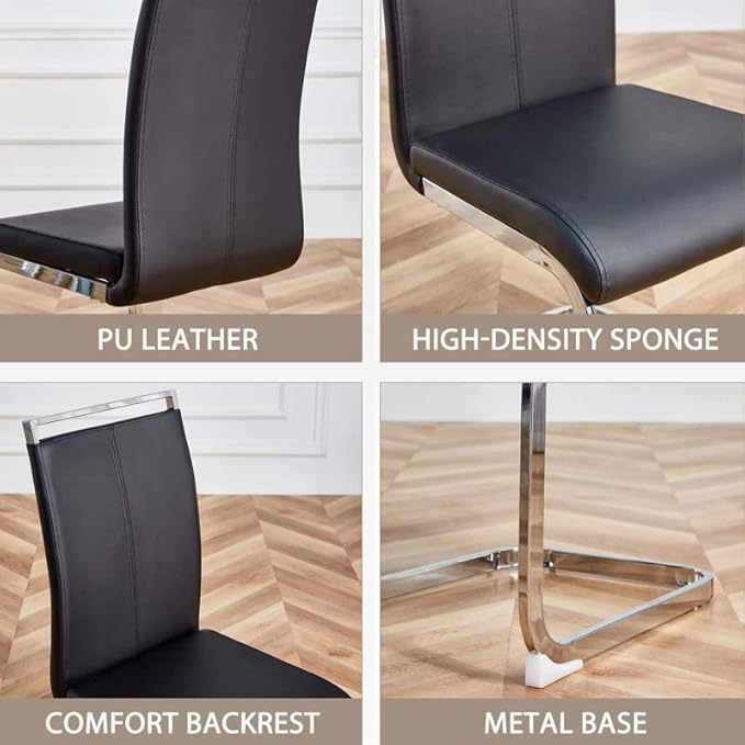 Dining Chairs Set, Kitchen Modern Metal Chairs with Faux Leather Padded Seat High Back and Sturdy Chrome Legs, Chairs for Dining Room (Black-1, Set of 4)