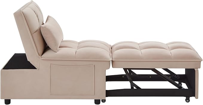 KEIKI Velvet Single Convertible Sleeper Chair Sofa Bed with Adjustable Backrest, Pillows & Storage Pockets, 3 in 1 Pull-Out Couch Chaise Lounge Recliner for Living Room Balcony Bedroom, Taupe