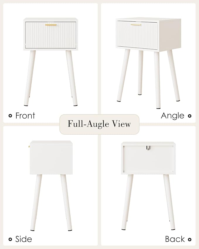 Night Stand, White Nightstand with Fluted Door, Small Modern Mid-Century Bedside Table for Bedroom, End Table for Living Room