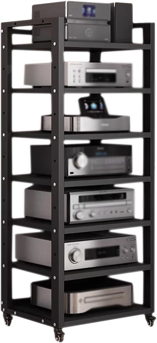 7 Tier Audio Rack Tower, CD Record Player Stereo Receiver AV Equipment Cabinet Display Rack, Weight Capacity 661 lbs, with Adjustable Wooden Shelves for Home (BIACK, 7 Tier 55×19.7×15.7IN)