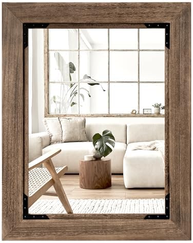 28"x36" Solid Wood Bathroom Mirror Tempered Glass for Wall Mounted, Rustic Wood Frame Wall Mirror Decorative for Living Room Bedroom Vanity Mirror, Rustic Brown