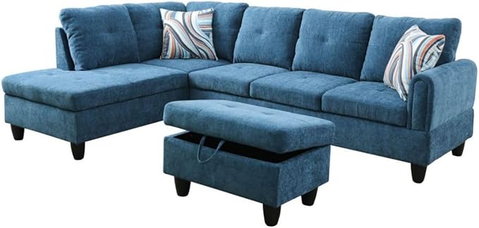Blue L-Shaped 3-Piece Flannel Sofa with Storage Ottoman Set, Sectional Couch Sofa Set for Living Room, Office, Small Space