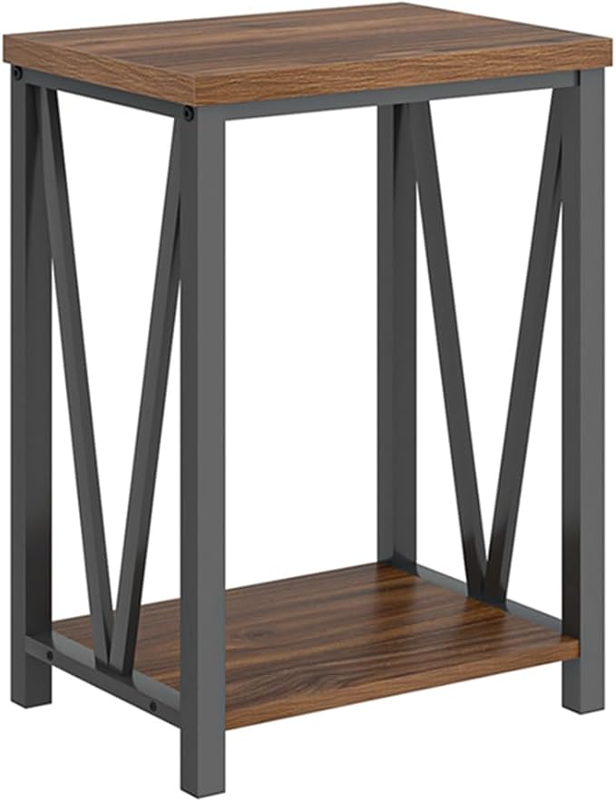 FOLUBAN Small End Table, Rustic Wood and Metal Side Table with Storage, Modern Night Stand for Living Room Bedroom Office, Walnut