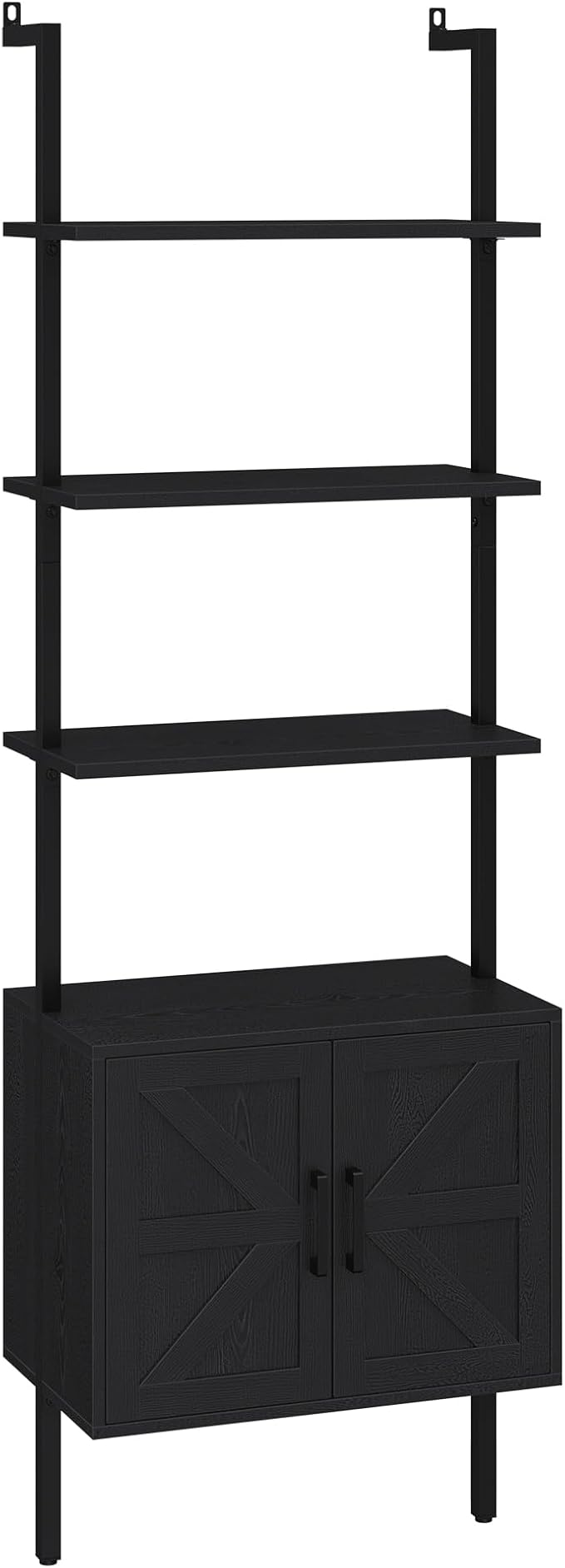 Yusong 73" Tall Bookshelf with Cabinet, Industrial Ladder Wall Mount Shelf Farmhouse Bookcase with Wood and Metal Frame, Plant Shelf Wall Storage Display for Living Room Bedroom, Farmhouse Black