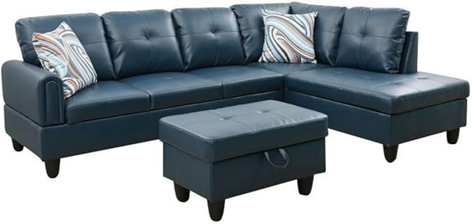 Denim L-Shaped 3-Piece Faux Leather Sofa with Storage Ottoman Set, Sectional Couch Sofa Set for Living Room, Office, Small Space
