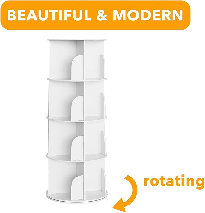 SpaceAid 4 Tier Rotating Bookshelf Tower, Spinning Bookcase Lazy Susan, Revolving 360 Book Shelf Storage Round Carousel, Vertical Rotate Turning Spiral Corner Organizer, White