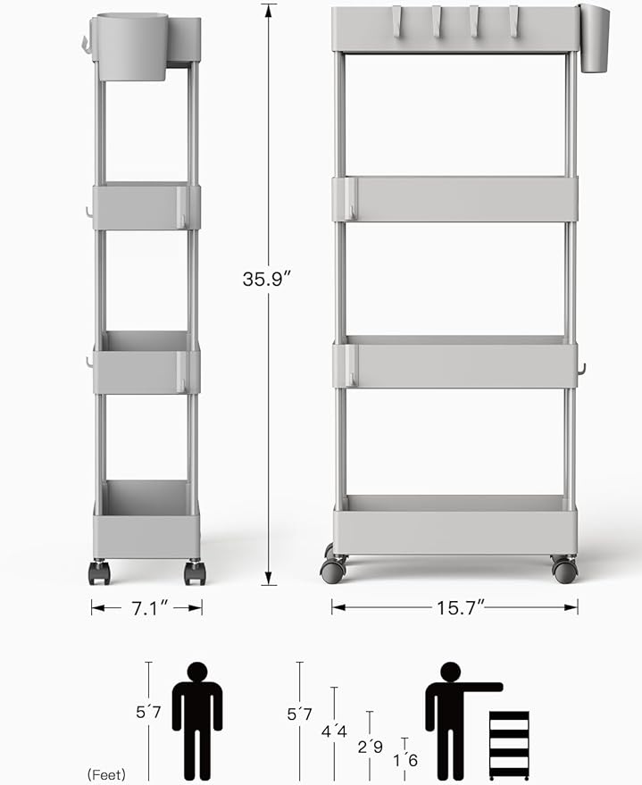 Pipishell Slim Storage Cart with Wheels, 4 Tier Bathroom Storage Organizer Rolling Utility Cart for Bathroom Kitchen Laundry Room Office Narrow Place (Gray)
